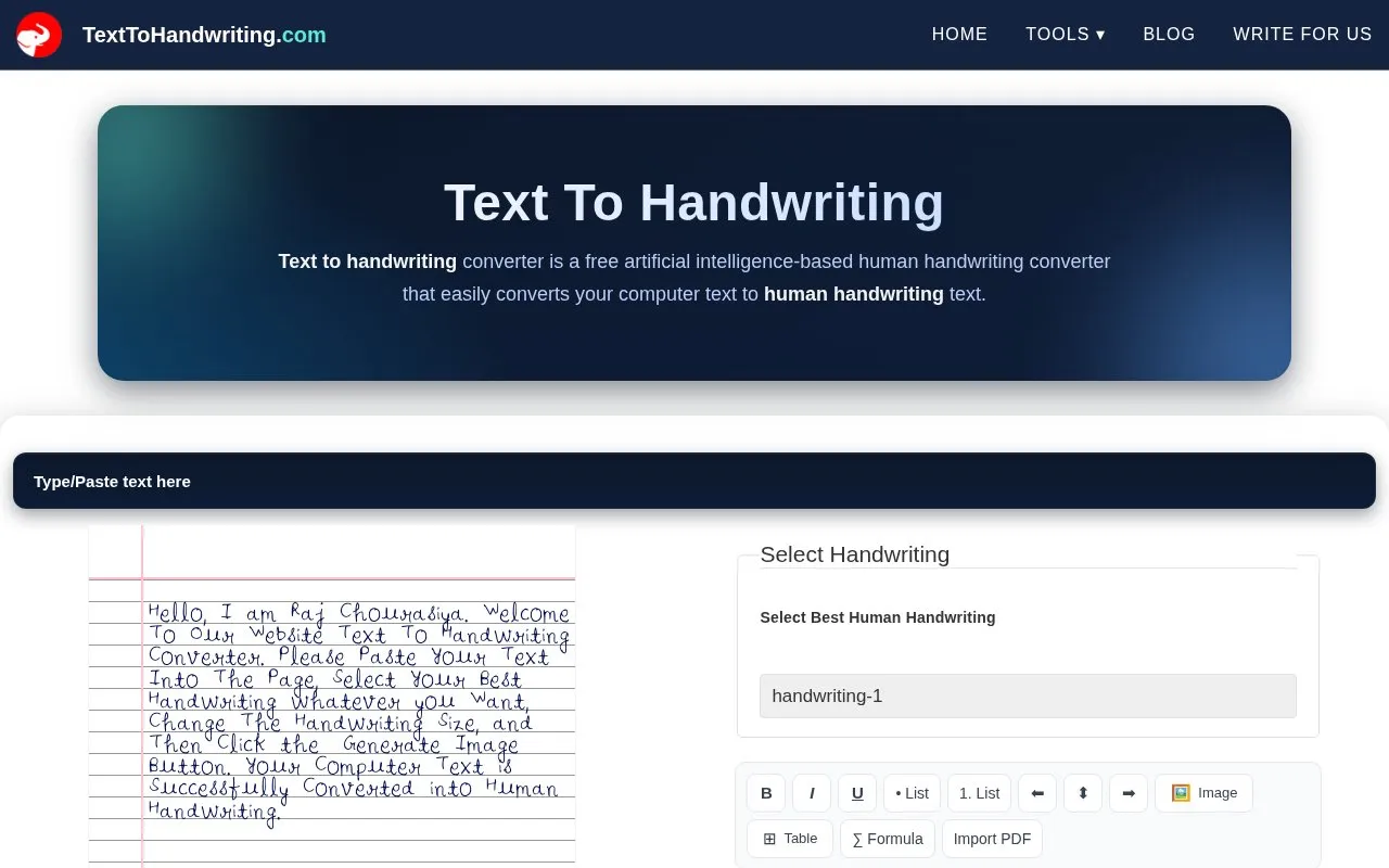 texttohandwriting homepage screenshot