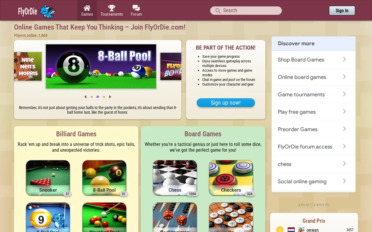 FlyOrDie homepage screenshot