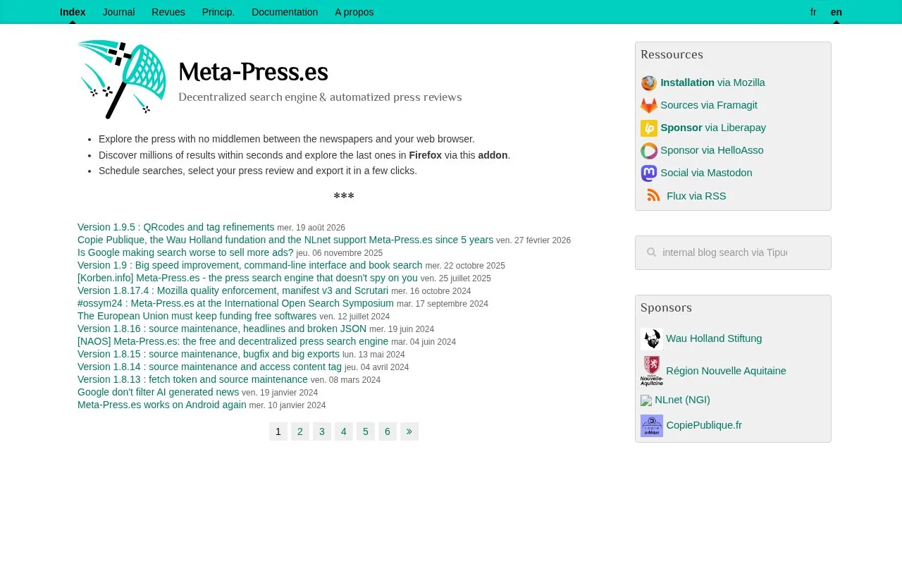 Meta-Press homepage screenshot