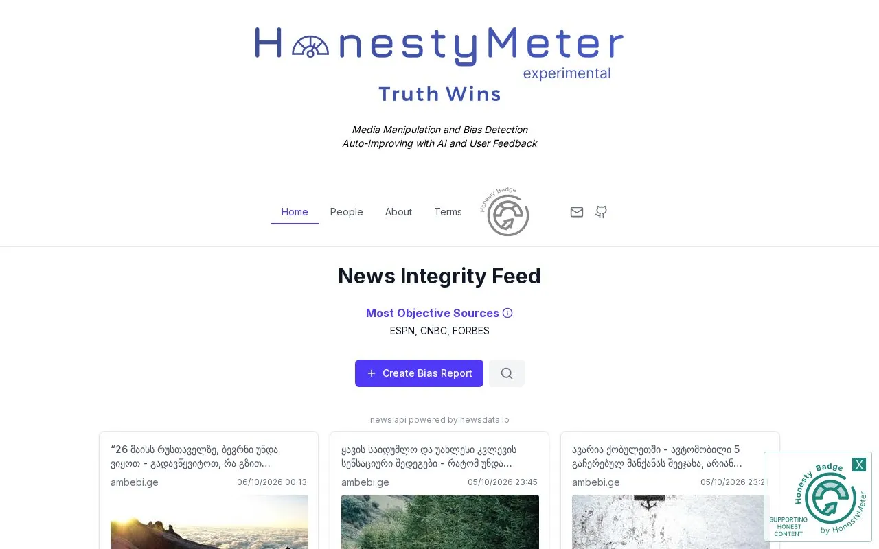HonestyMeter homepage screenshot