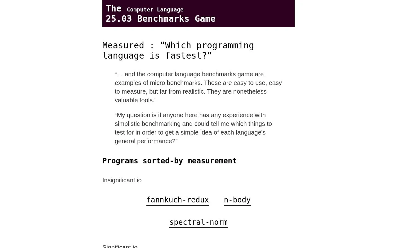 Benchmarks Game homepage screenshot