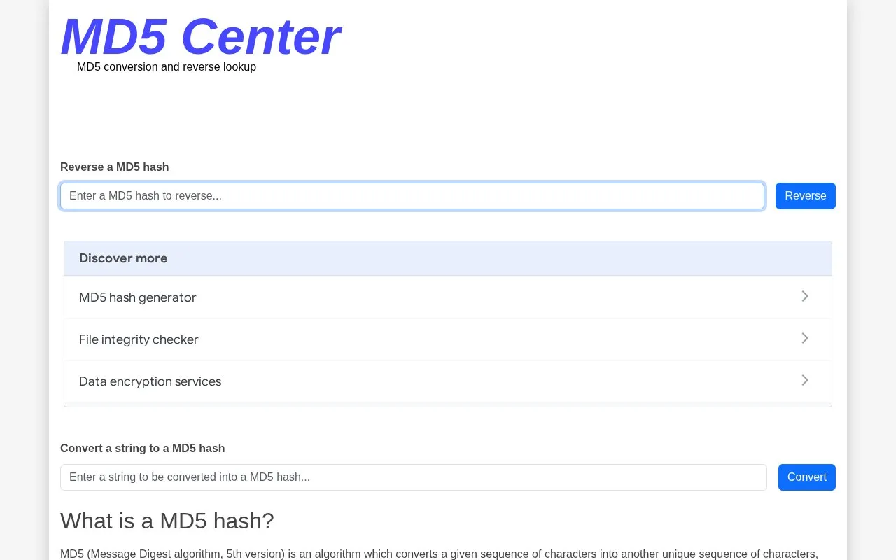 MD5 reverse lookup homepage screenshot