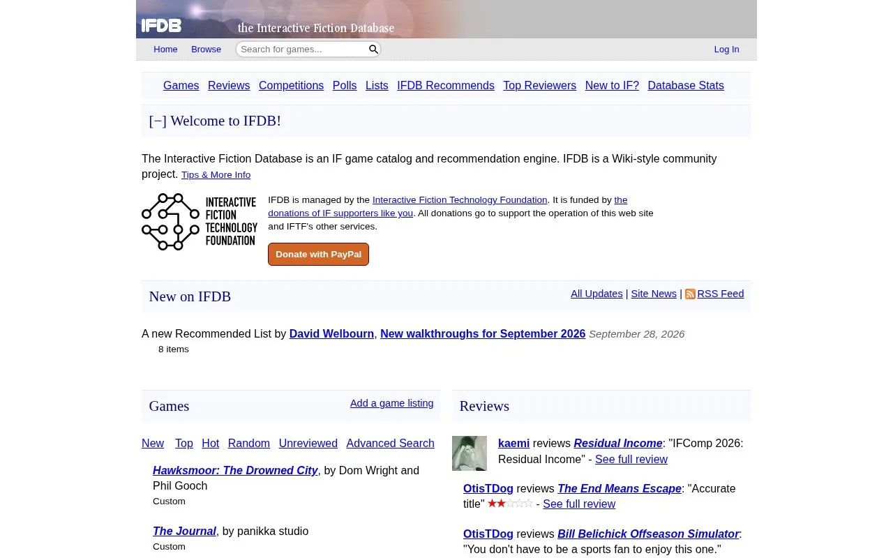 IFDB homepage screenshot