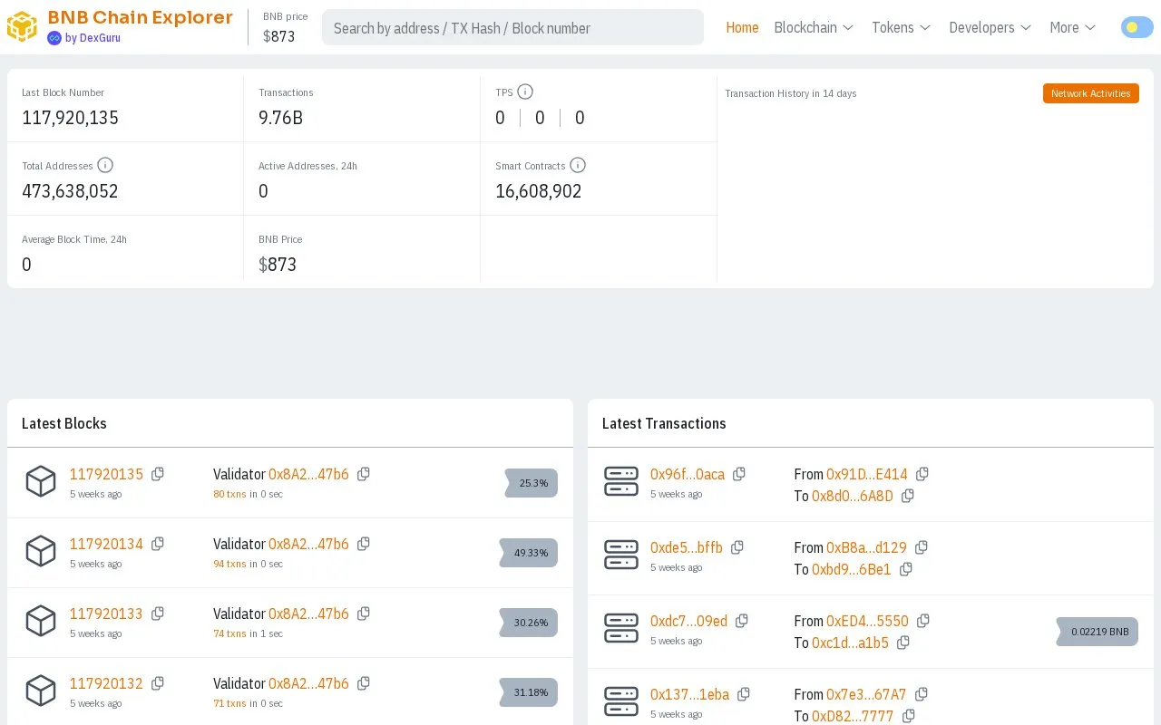 BNB Smart Chain Mainnet — dexguru homepage screenshot
