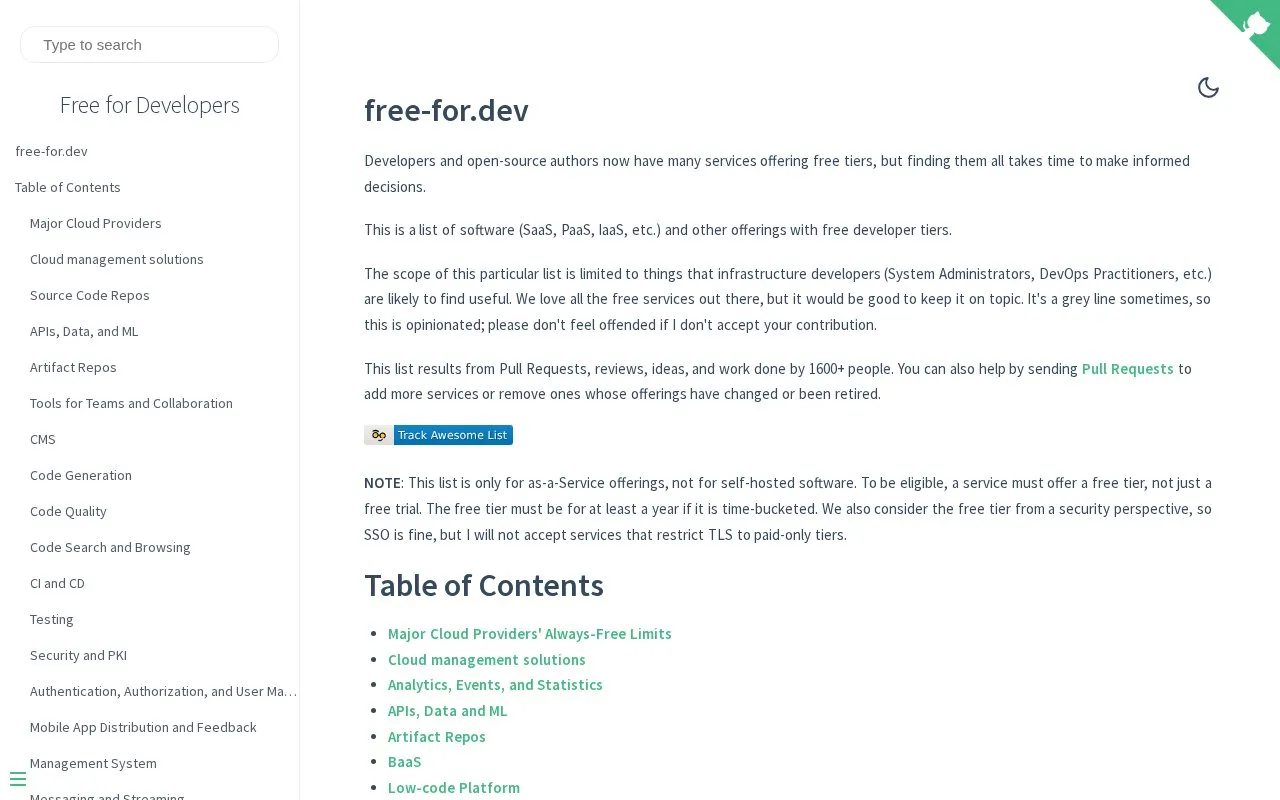 Free for Developers homepage screenshot