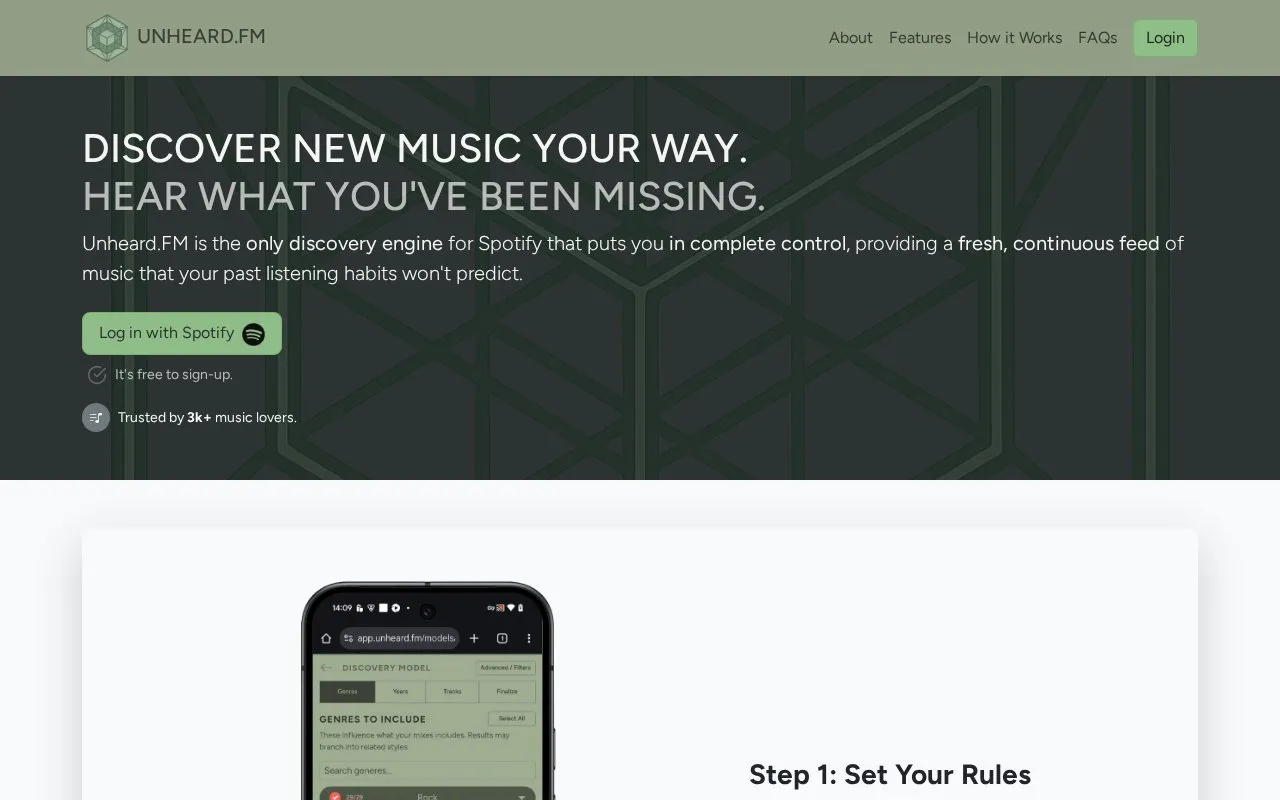 Unheard.FM homepage screenshot