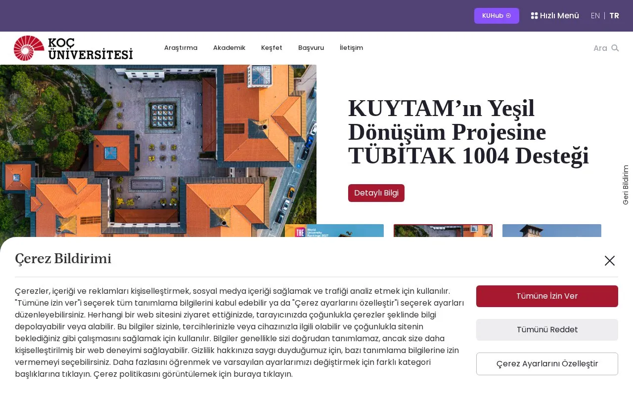 Koc University homepage screenshot