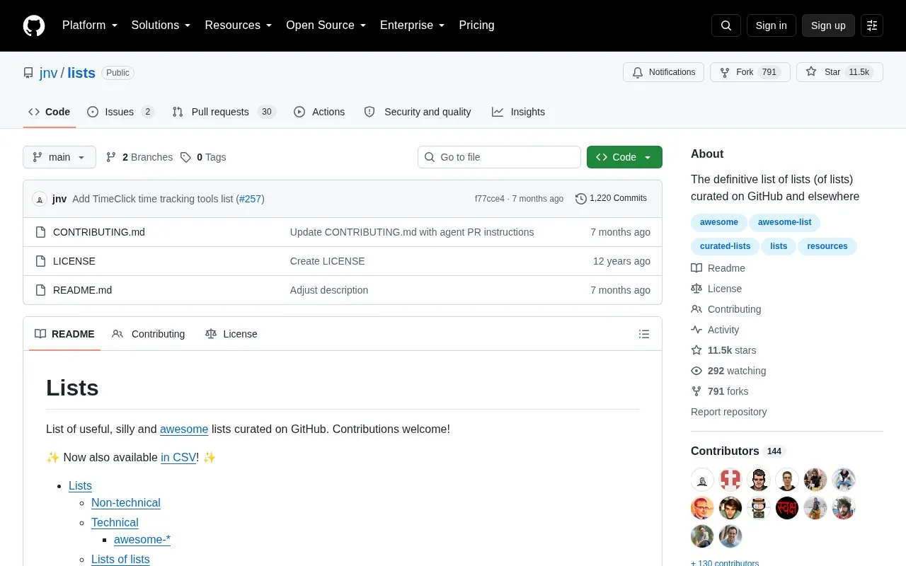 Lists homepage screenshot