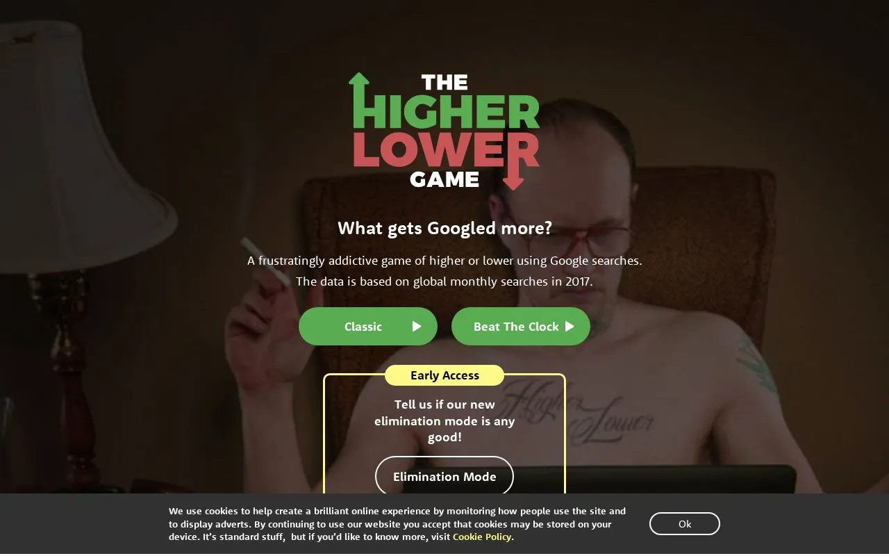 The Higher Lower Game homepage screenshot