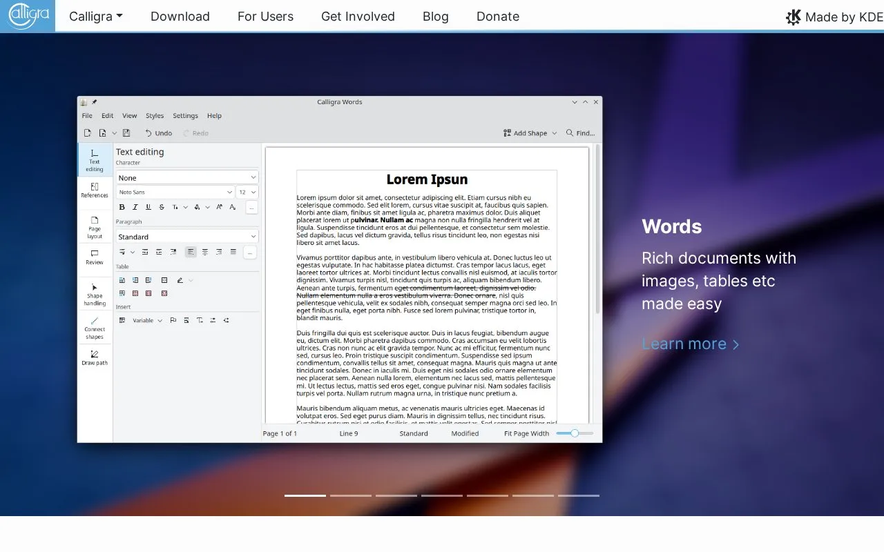 Calligra homepage screenshot