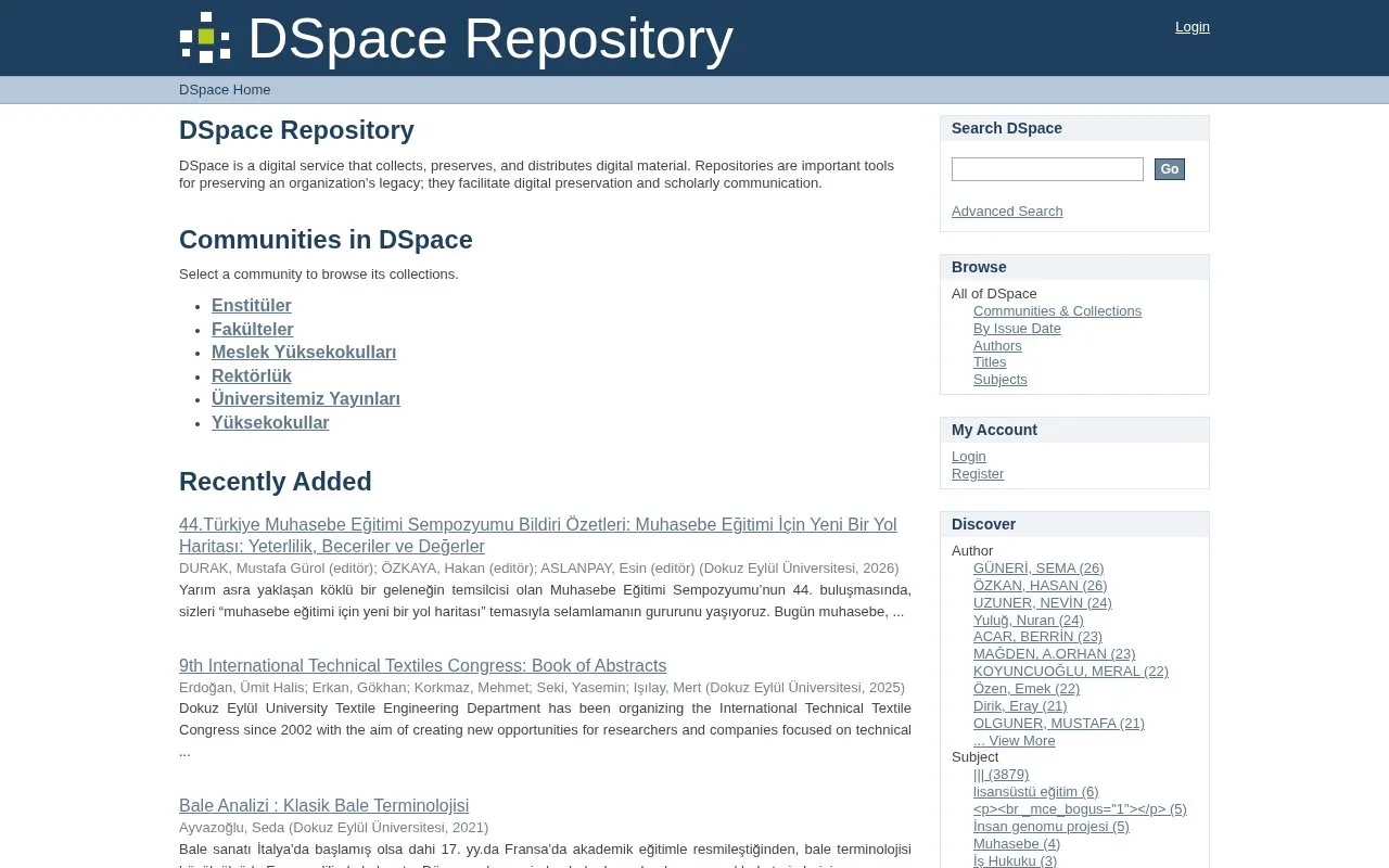 Dokuz Eylul University Open Archive System homepage screenshot