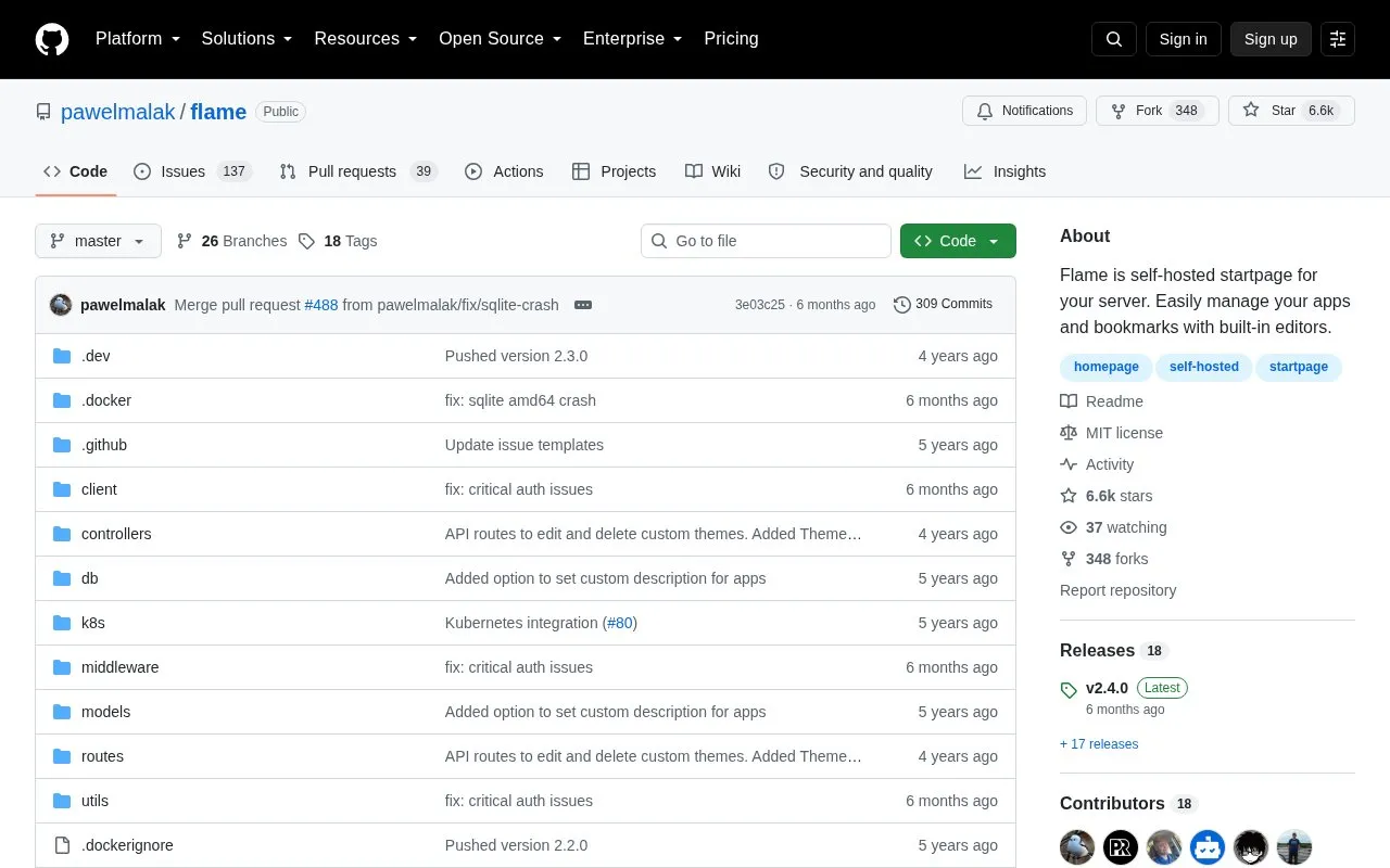 Flame homepage screenshot