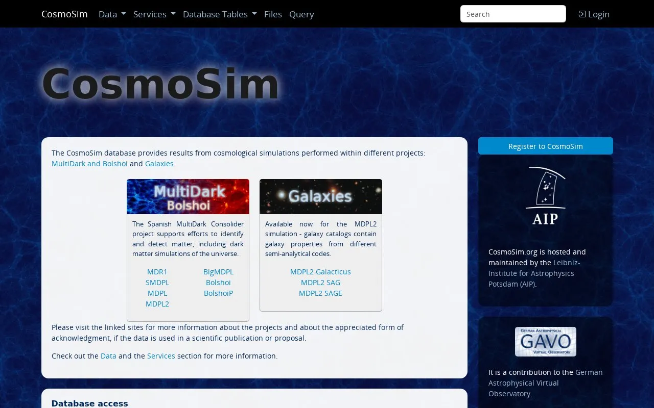CosmoSim homepage screenshot