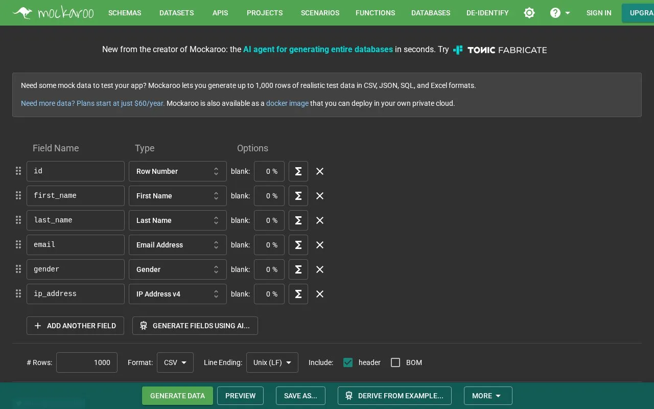 Mockaroo homepage screenshot