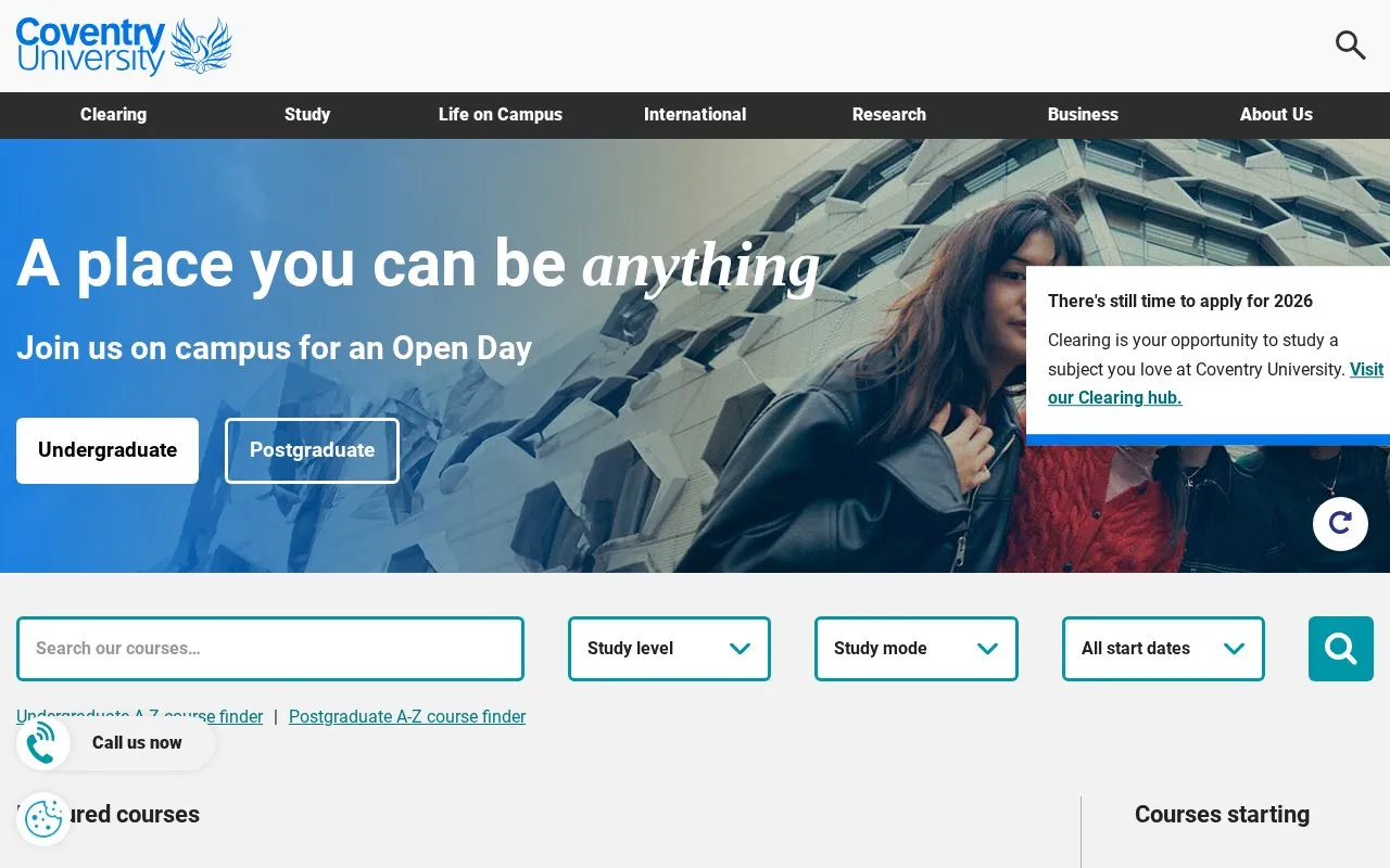 Coventry University homepage screenshot