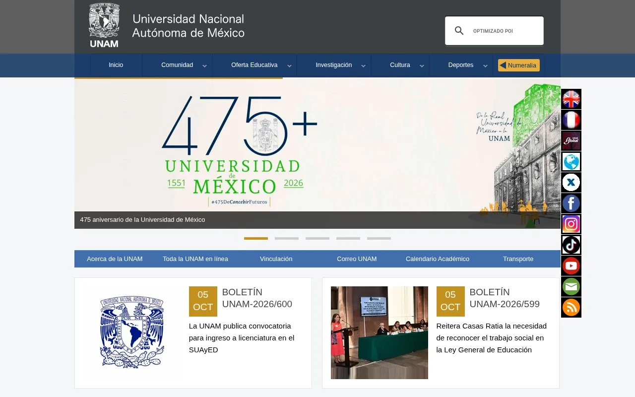 Universidad Nacional Autonoma de Mexico homepage screenshot