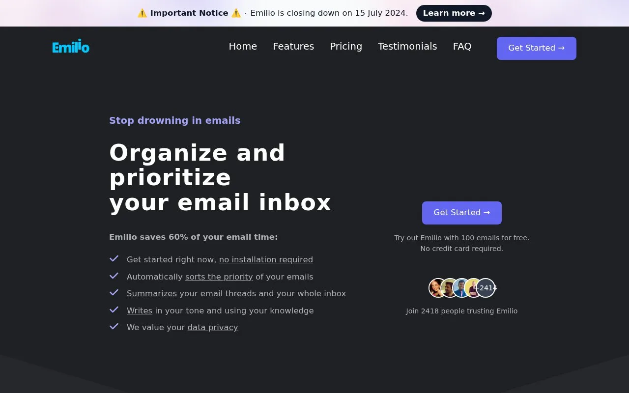 Emilio homepage screenshot