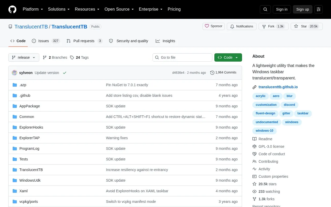 TranslucentTB homepage screenshot