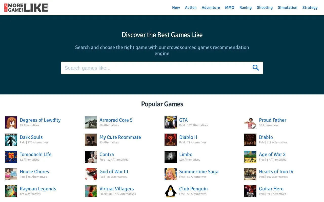 MoreGamesLike homepage screenshot