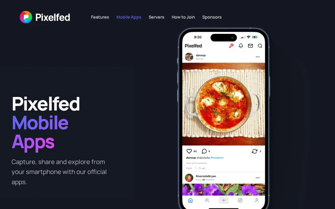 Pixelfed Apps homepage screenshot
