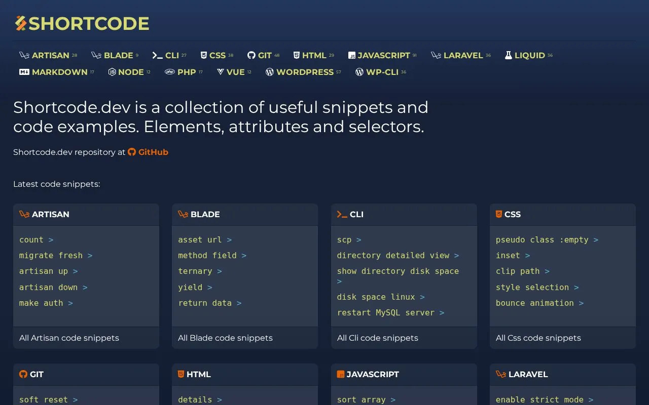 ShortCode homepage screenshot