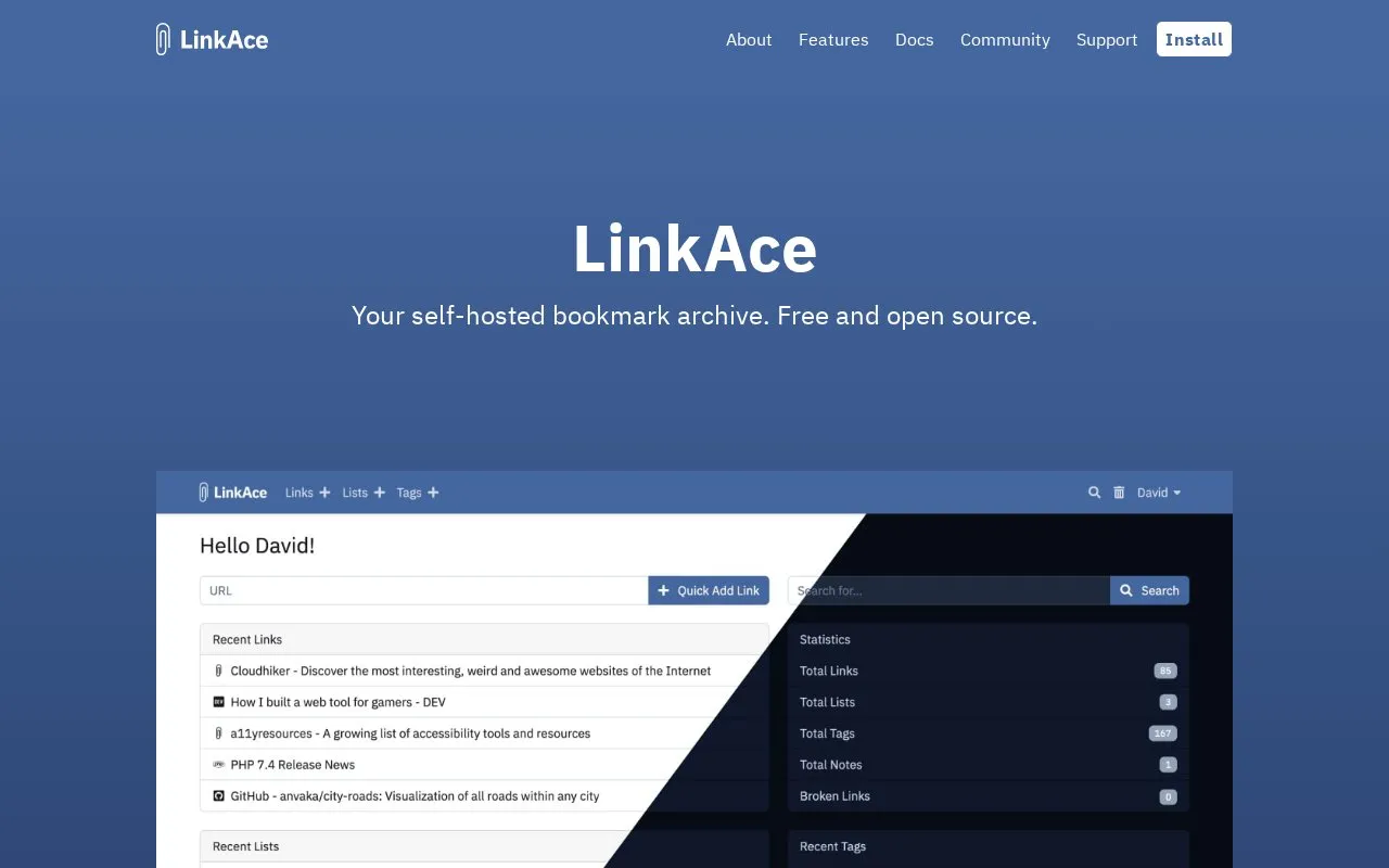 LinkAce homepage screenshot
