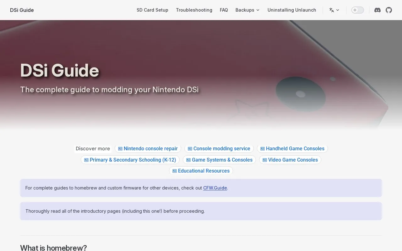 DSi Homebrew Guide homepage screenshot