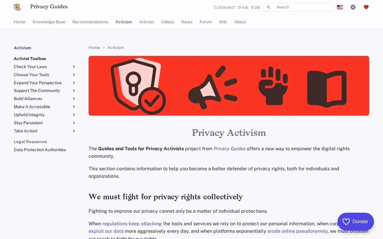 Privacy Guides Activism homepage screenshot