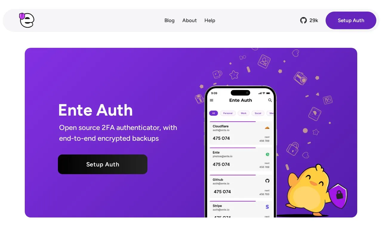 Ente Auth homepage screenshot