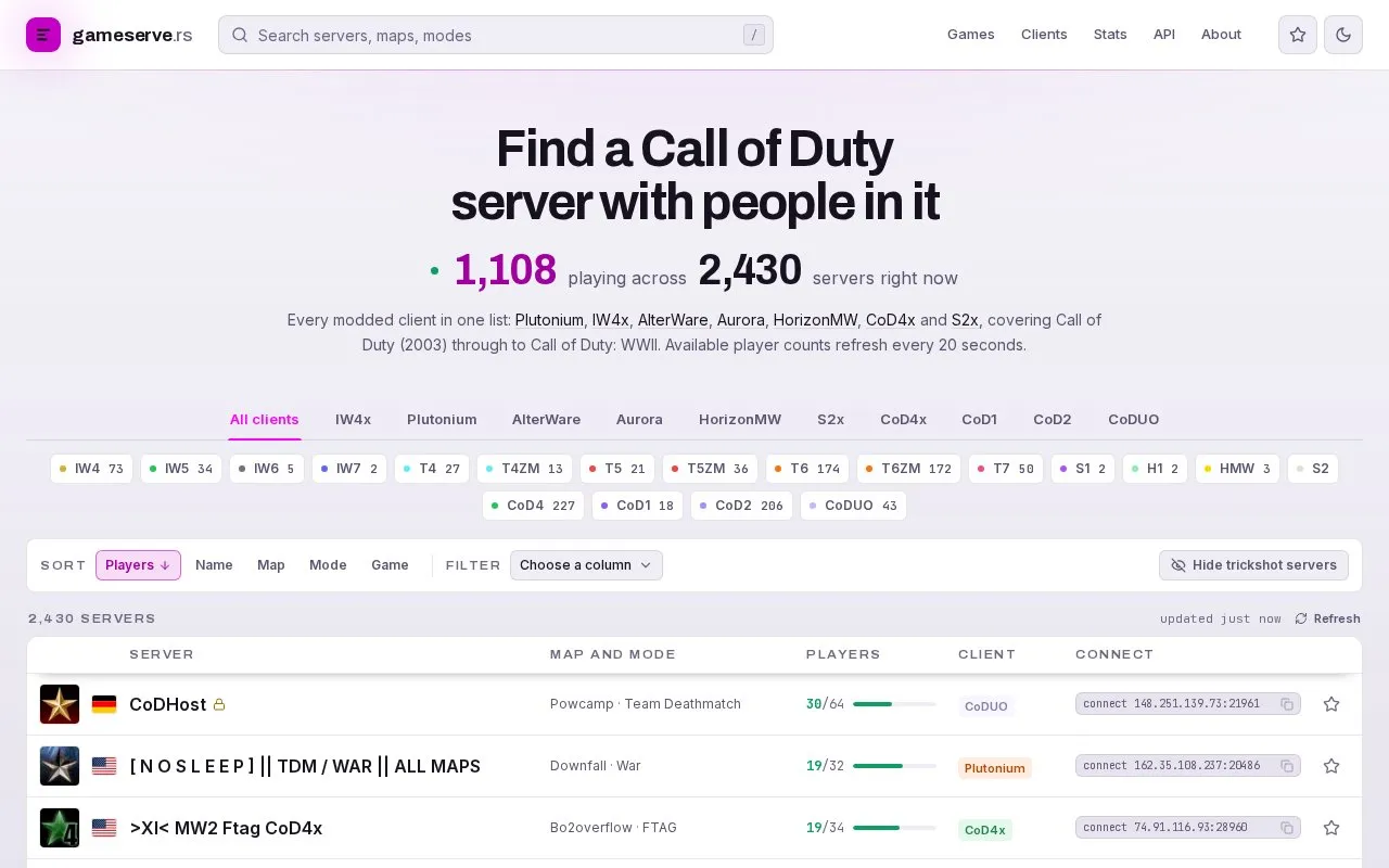 GameServe.rs homepage screenshot