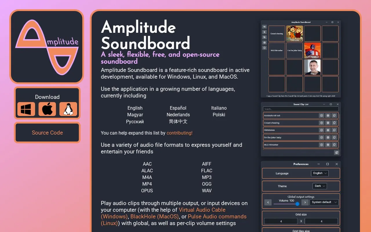 Amplitude Soundboard homepage screenshot