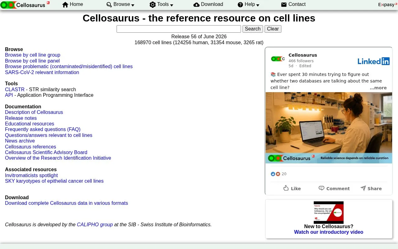 Cellosaurus homepage screenshot
