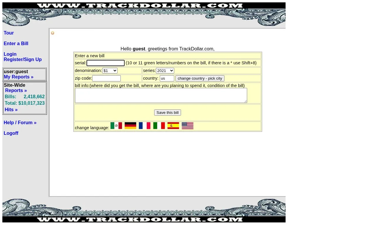 TrackDollar homepage screenshot