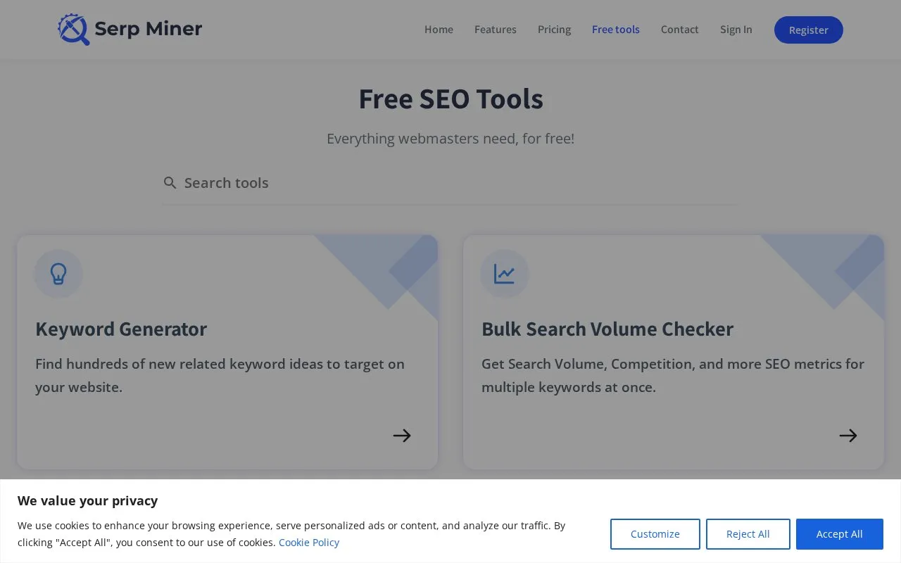 Serp Miner homepage screenshot