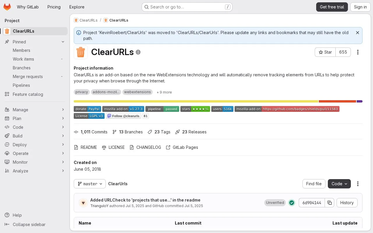 Clear Urls homepage screenshot