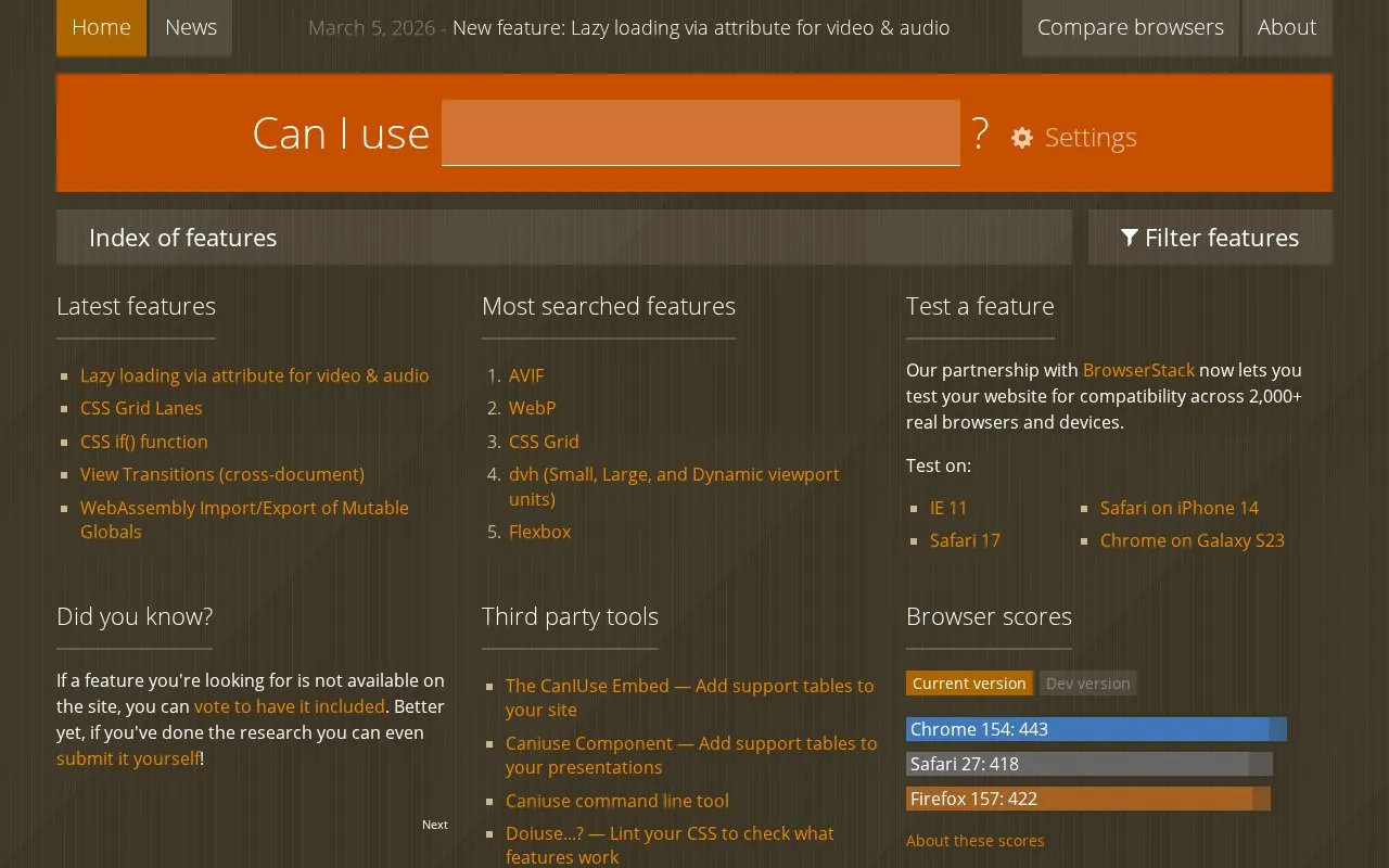 Can I Use? homepage screenshot