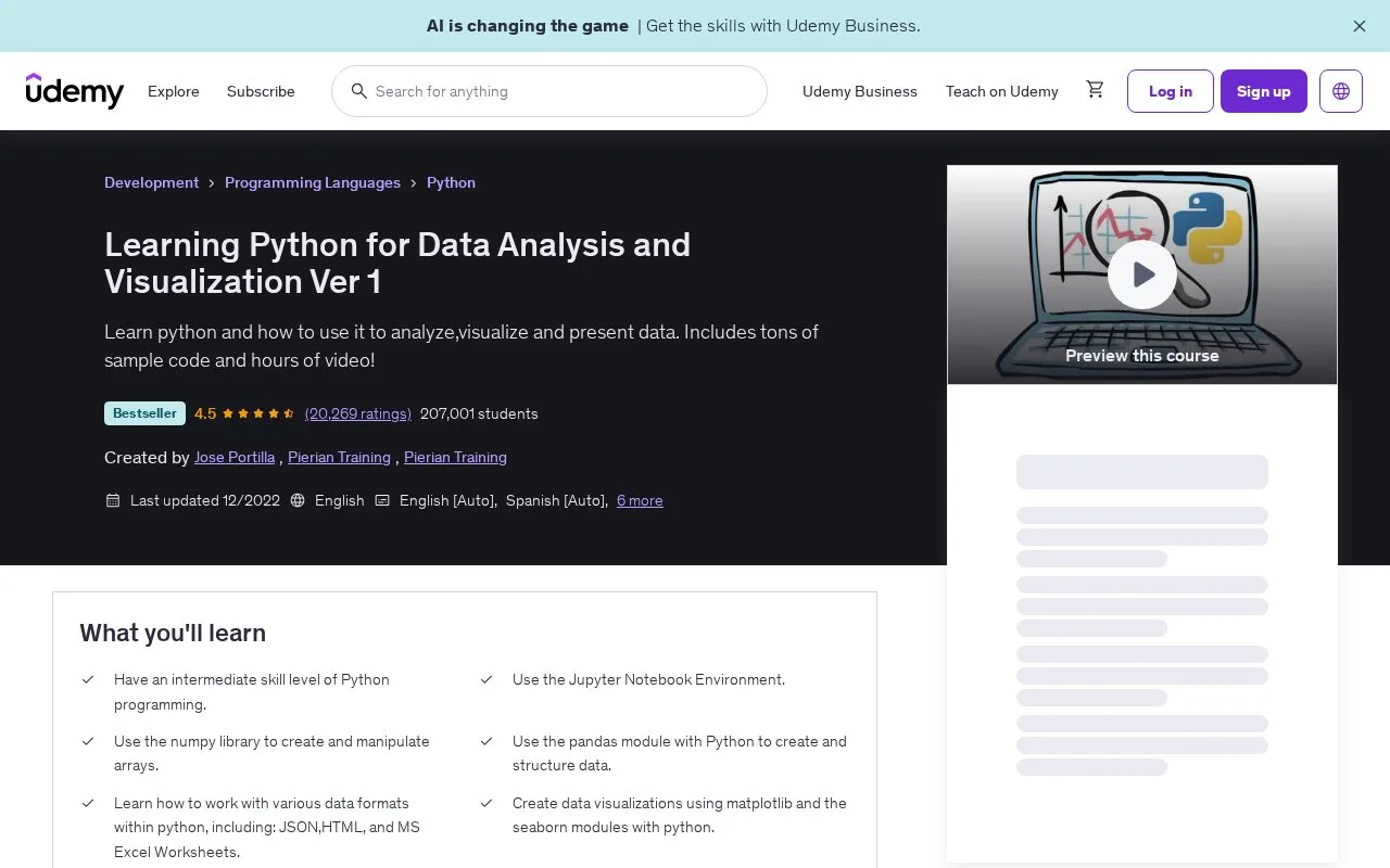 Learning Python for Data Analysis and Visualization by Jose Portilla homepage screenshot
