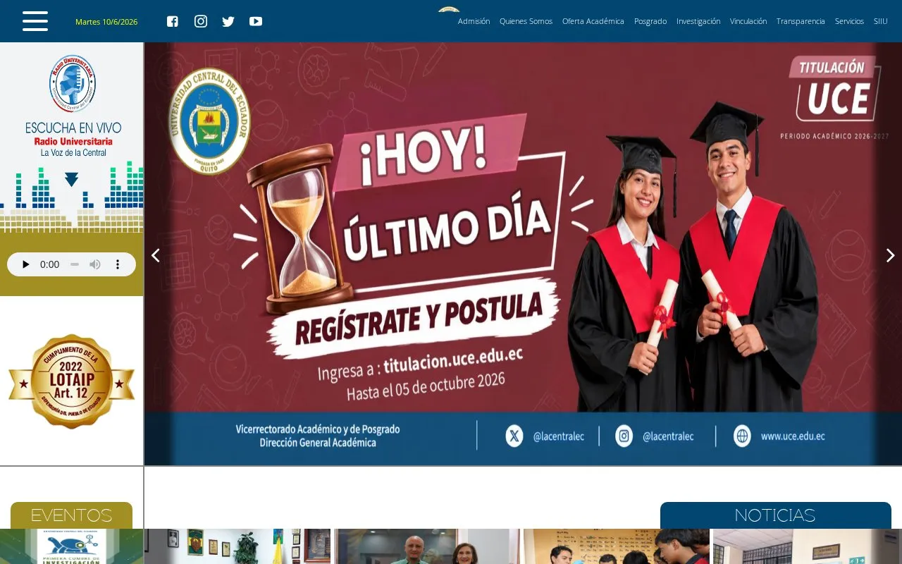 Universidad Central del Ecuador homepage screenshot