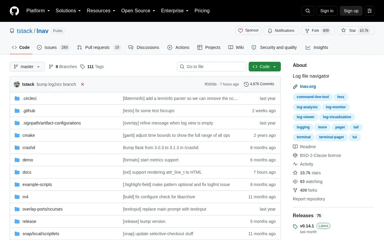 Lnav homepage screenshot