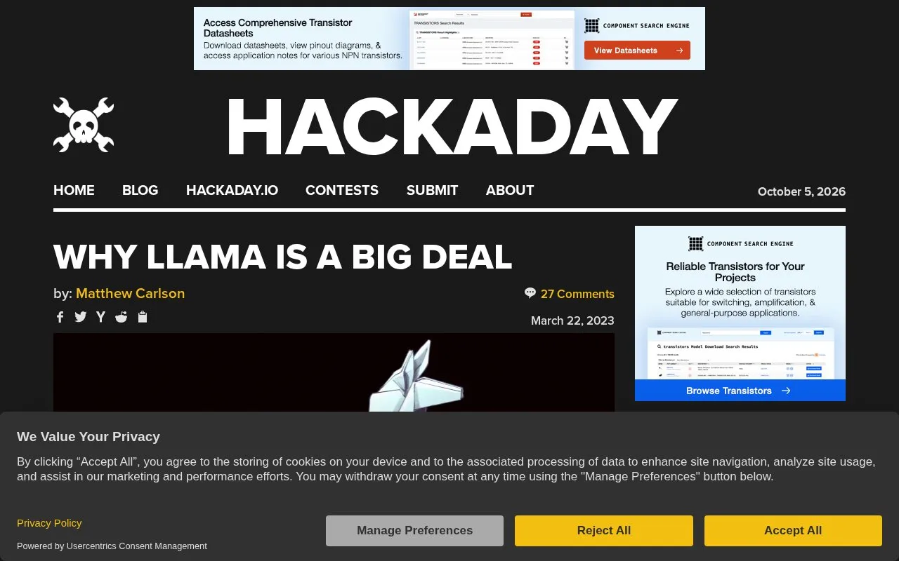 Why LLaMa Is A Big Deal Hackaday homepage screenshot