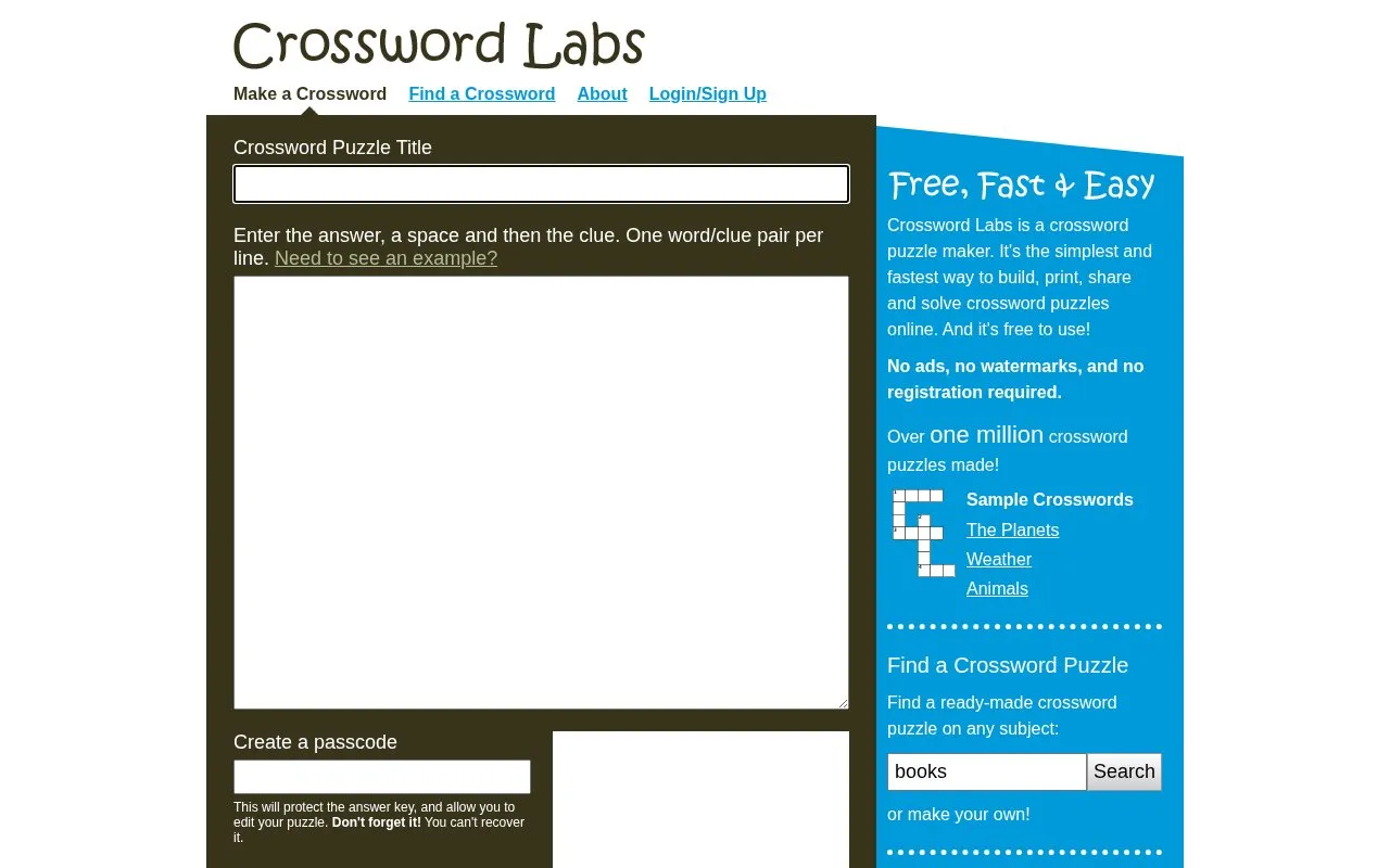 Crossword Labs homepage screenshot