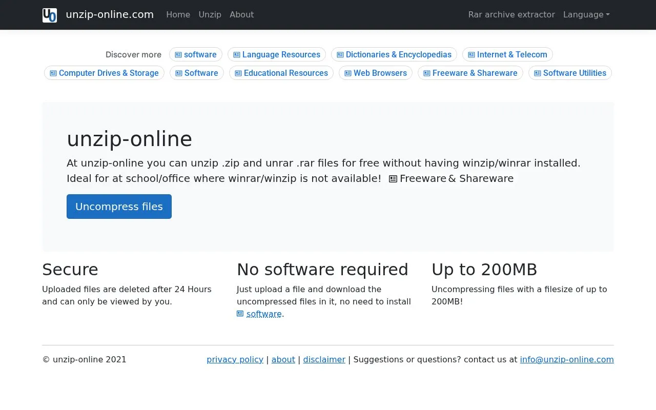 unzip-online homepage screenshot