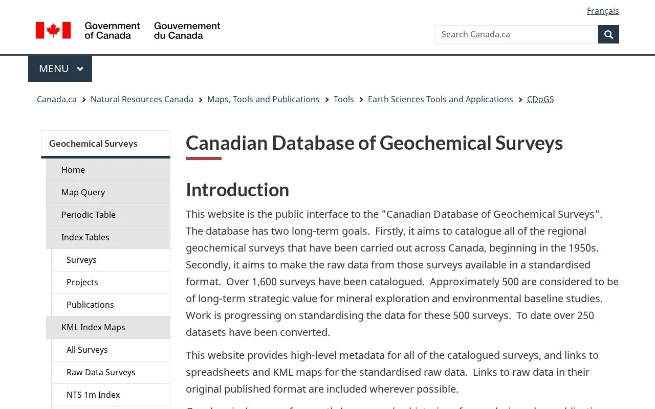 Canadian Database of Geochemical Surveys homepage screenshot