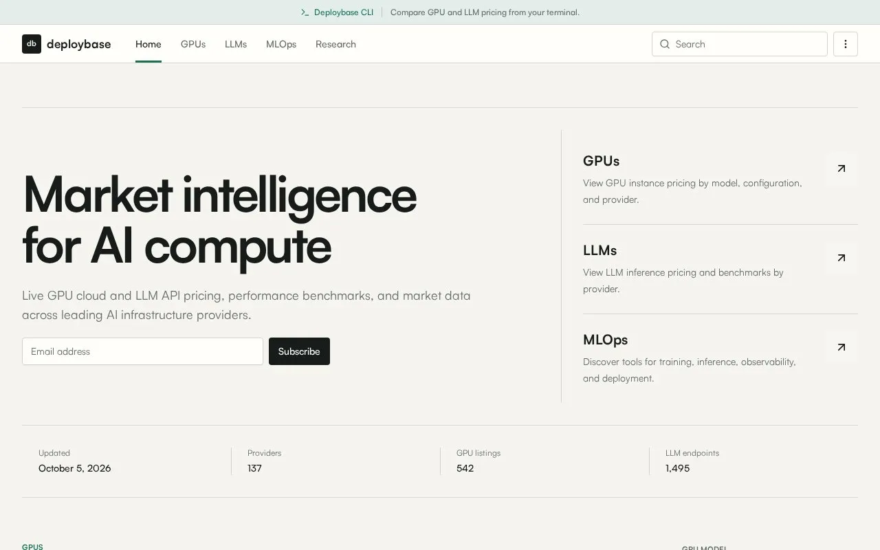 Deploybase homepage screenshot