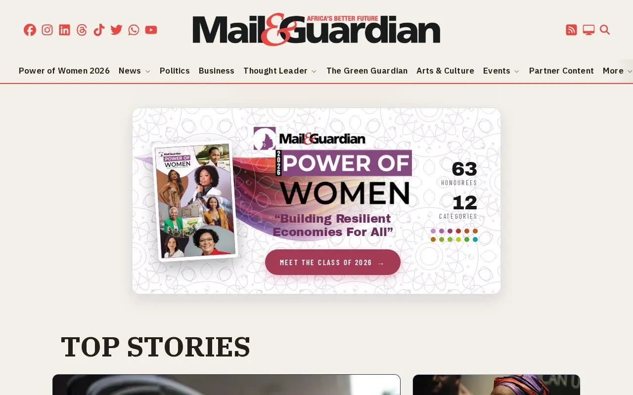 Mail & Guardian homepage screenshot