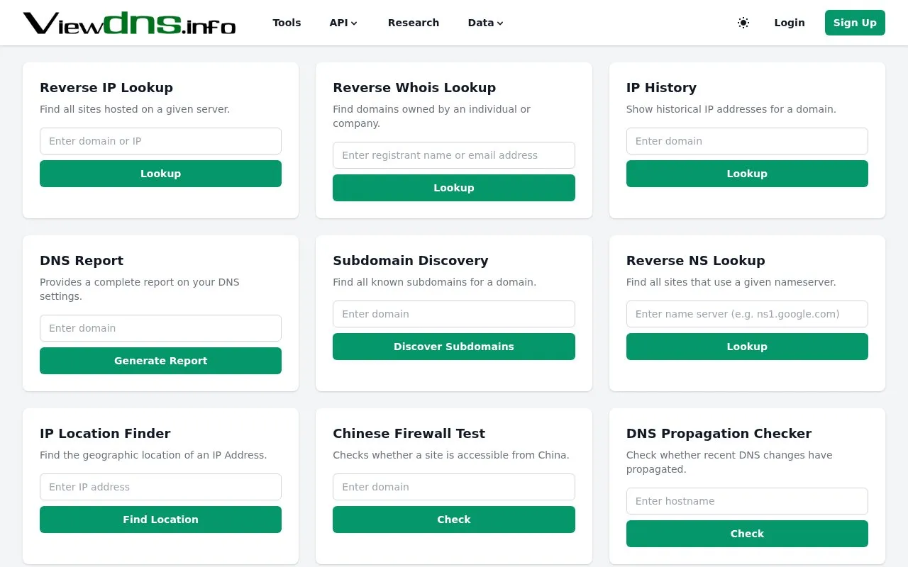 ViewDNS.info homepage screenshot