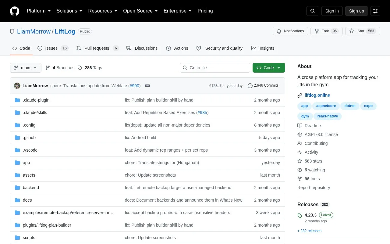 LiftLog homepage screenshot