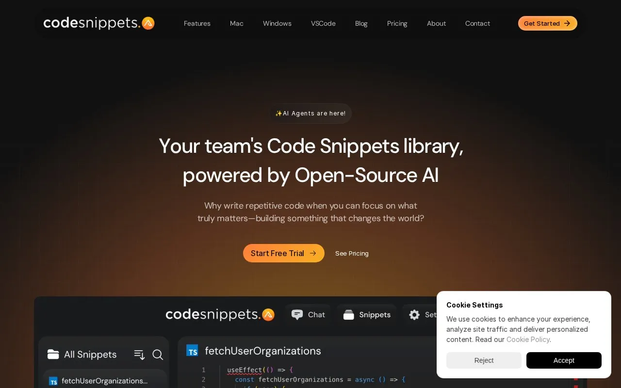 Code Snippets AI homepage screenshot