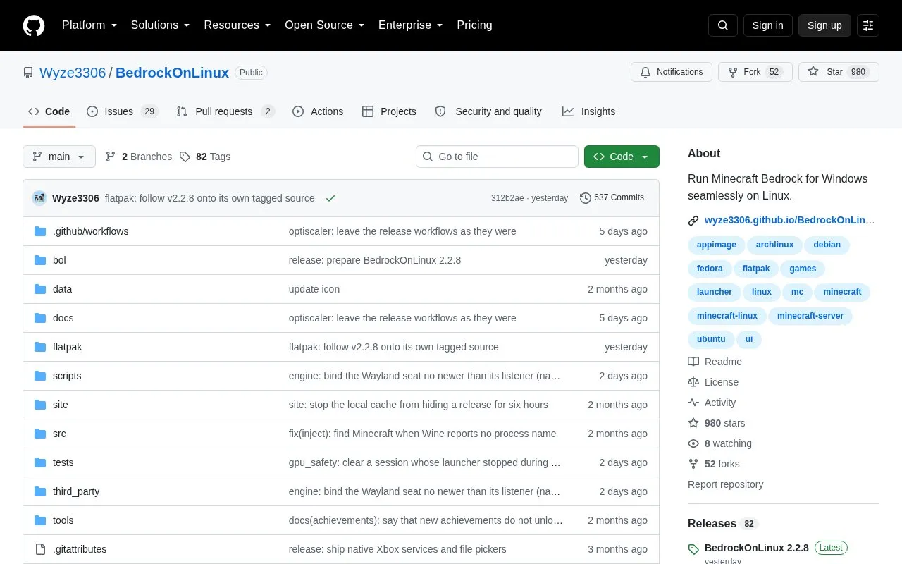 BedrockOnLinux homepage screenshot