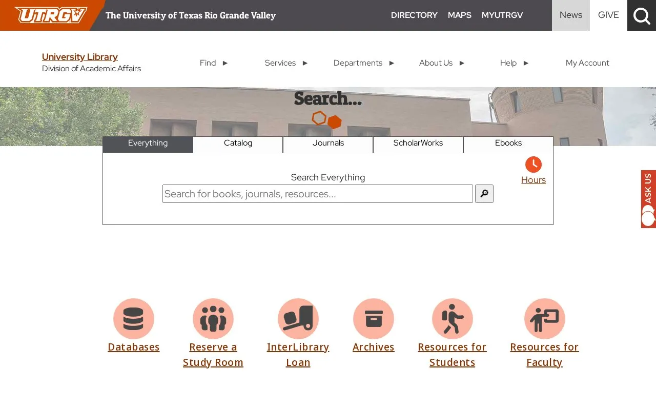 University of Texas Rio Grande Valley Library homepage screenshot